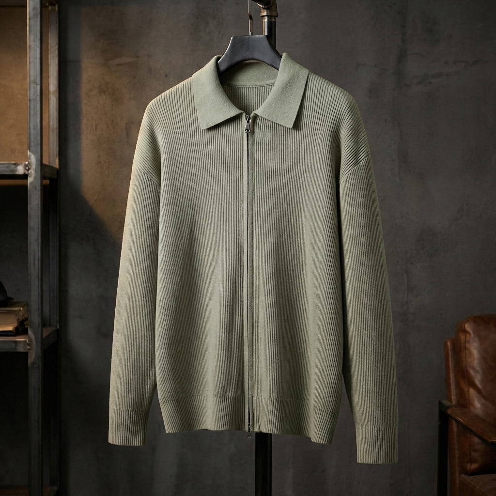 GILET HOMME | COL POLO | MAILLE CÔTELÉE | FERMETURE ÉCLAIR