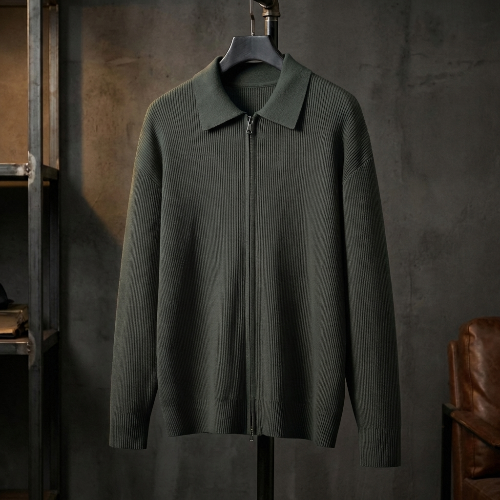 GILET HOMME | COL POLO | MAILLE CÔTELÉE | FERMETURE ÉCLAIR