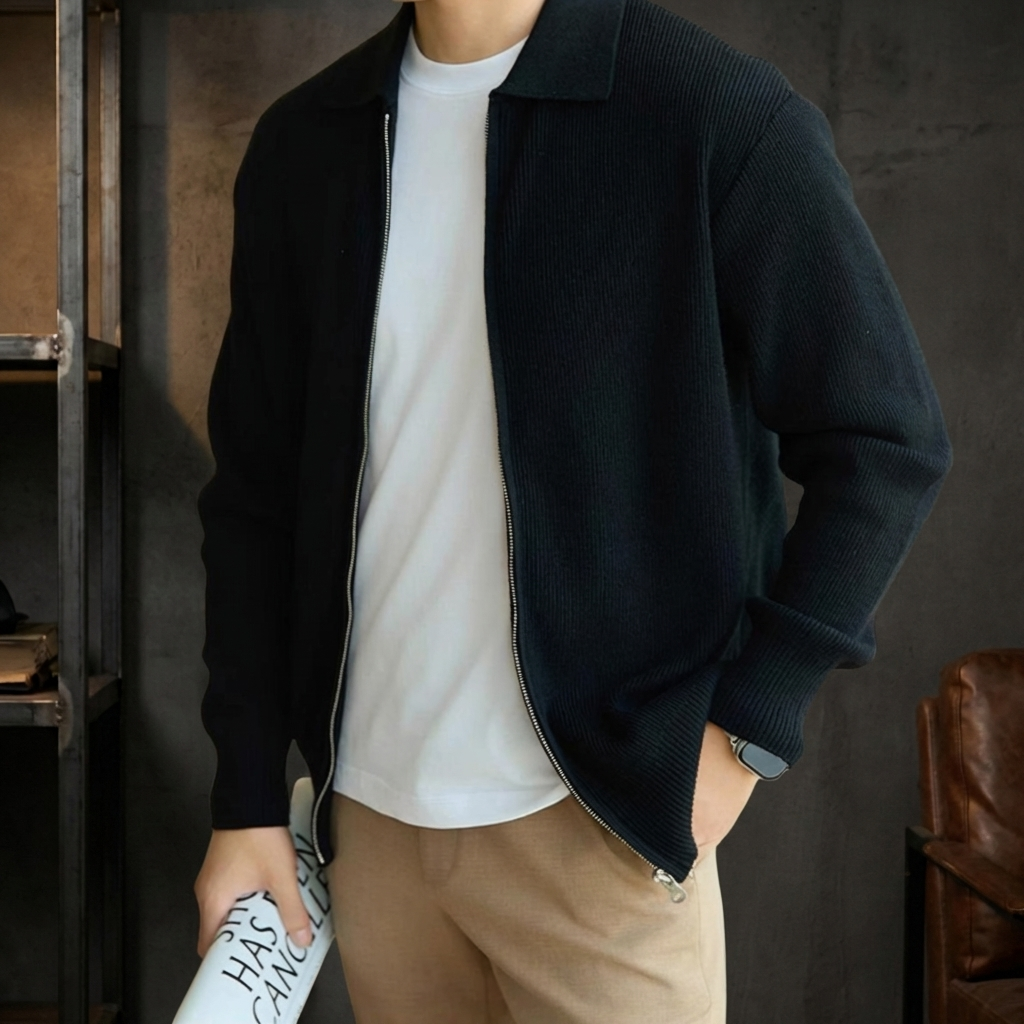 GILET HOMME | COL POLO | MAILLE CÔTELÉE | FERMETURE ÉCLAIR