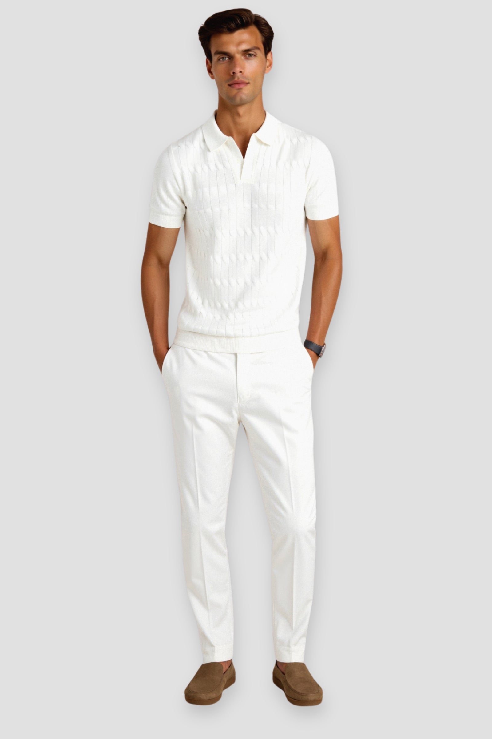 Polo Homme Col V à Maille Torsadée