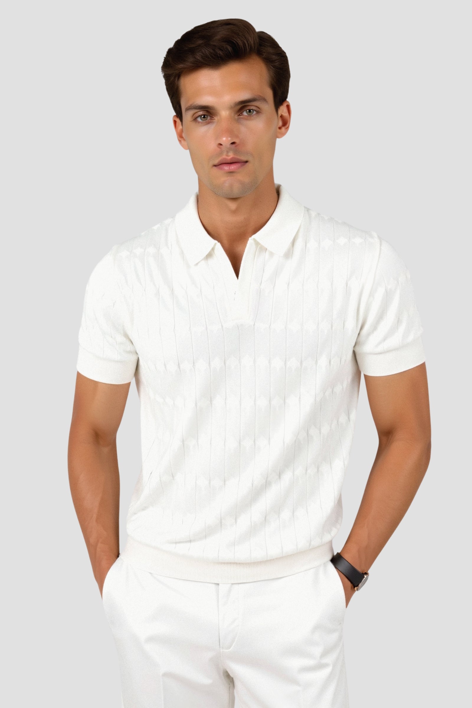Polo Homme Col V à Maille Torsadée
