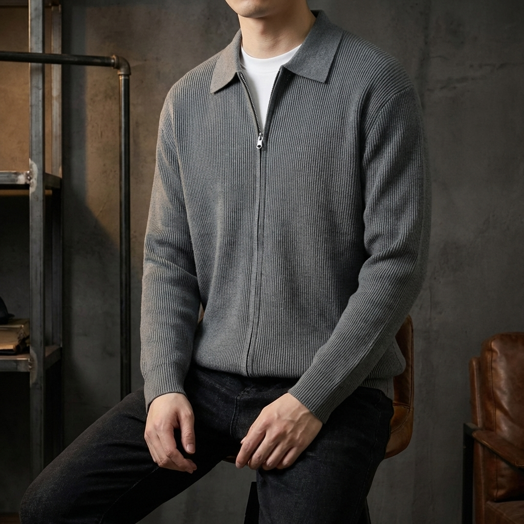 GILET HOMME | COL POLO | MAILLE CÔTELÉE | FERMETURE ÉCLAIR