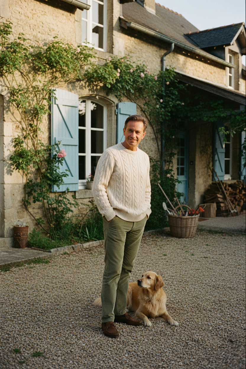 still too much a.i. maybe person a little bit further so you can make it look more real. he has to look old money but also people want to feel trust and want to buy if they see this